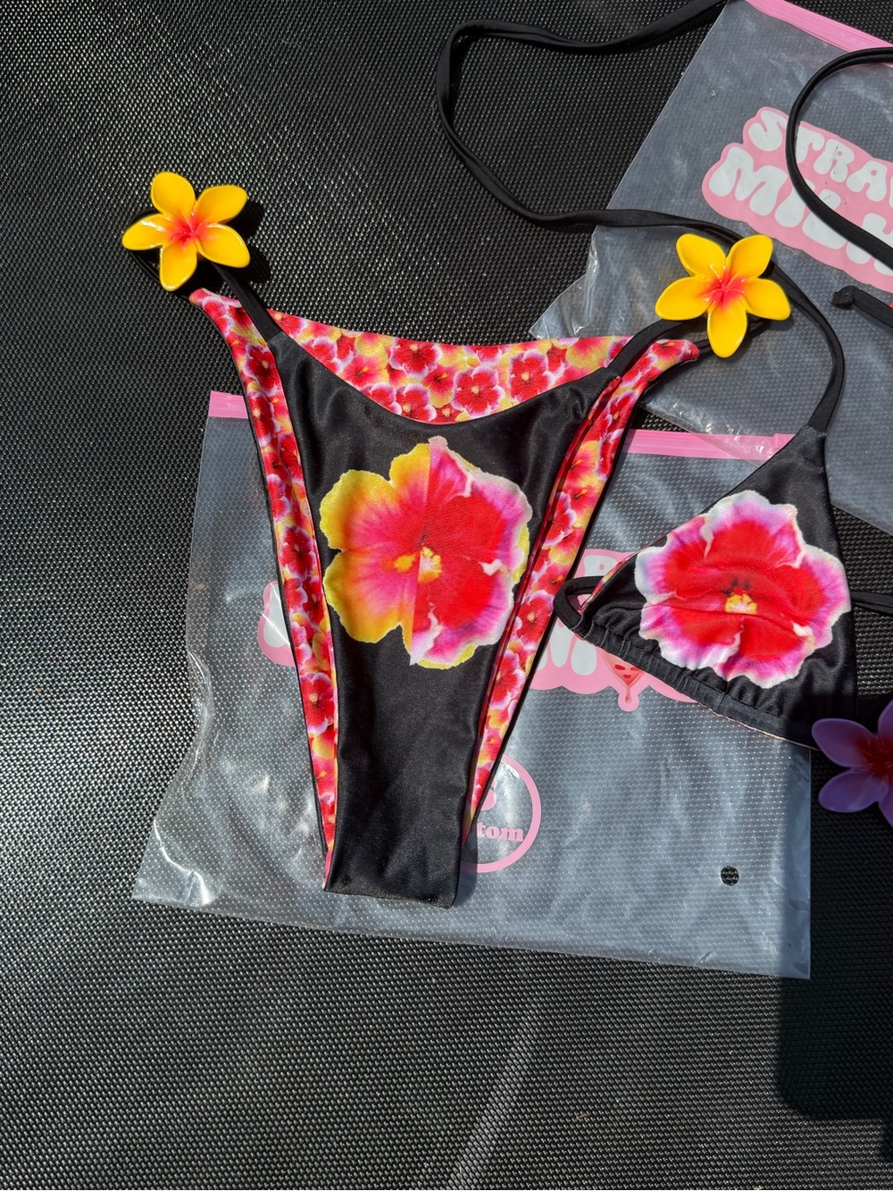 Strawberry Milk Mob Black Bikini with Pink and Yellow Floral Print - Picture 13 of 14